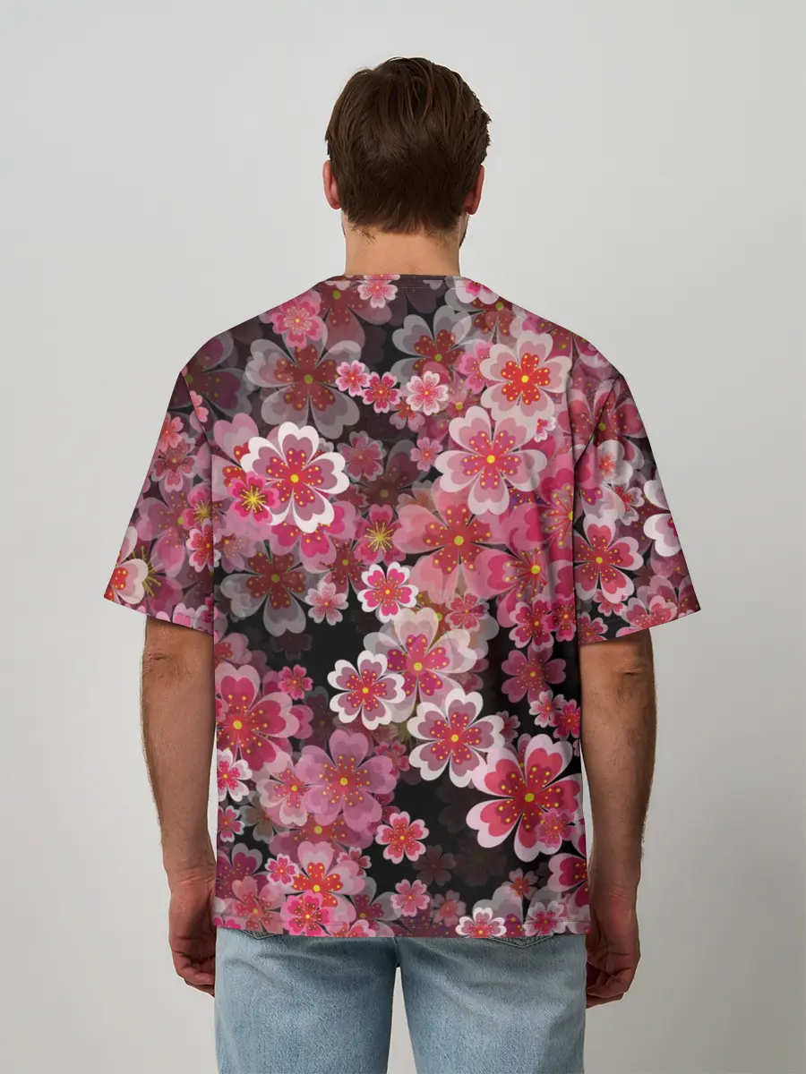 Мужская футболка оверсайз / Иероглифы и Сакура 3D