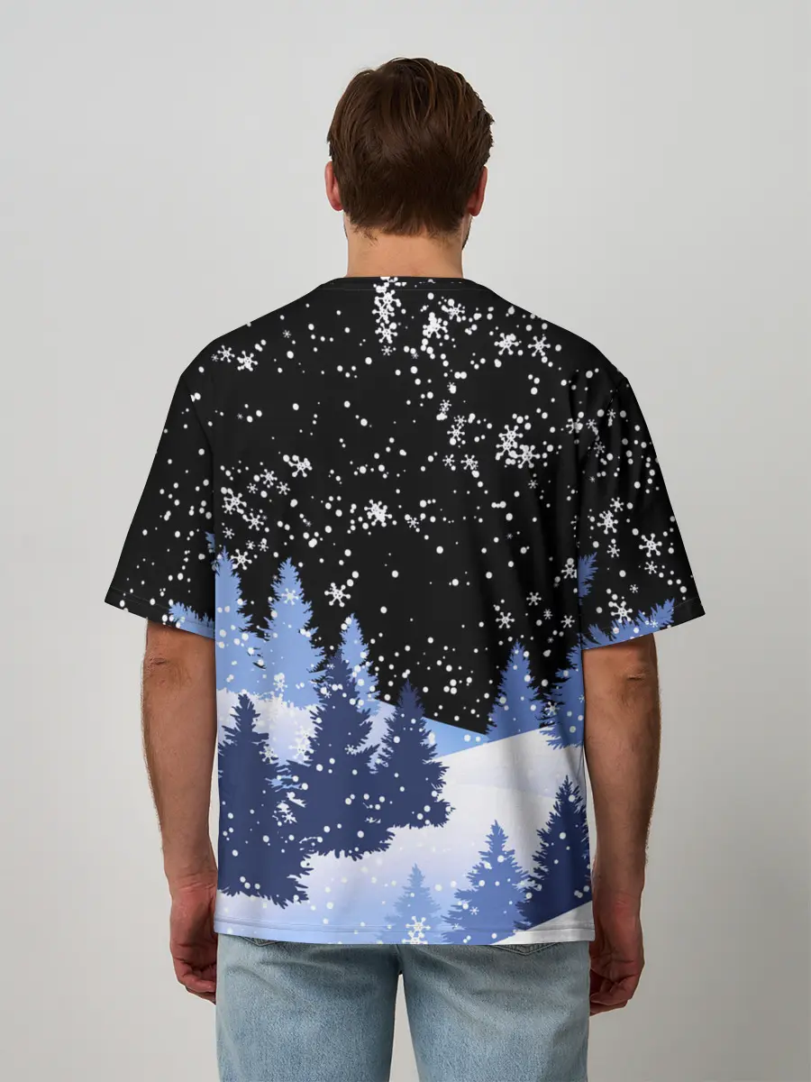 Мужская футболка оверсайз / Снежная ночь в зимнем лесу
