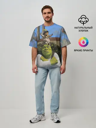 Мужская футболка оверсайз / Шрек, Кот и Осёл