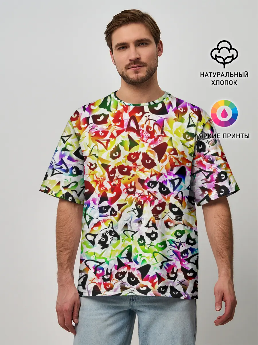 Мужская футболка оверсайз / Веселый узор из грустных котов
