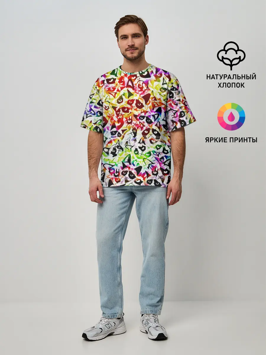 Мужская футболка оверсайз / Веселый узор из грустных котов