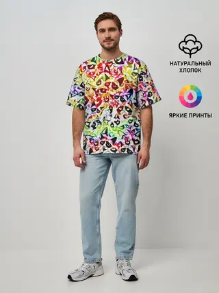 Мужская футболка оверсайз / Веселый узор из грустных котов