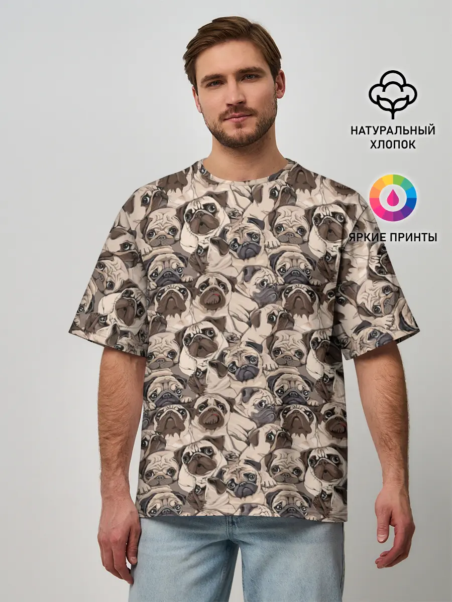 Мужская футболка оверсайз / Мопсы