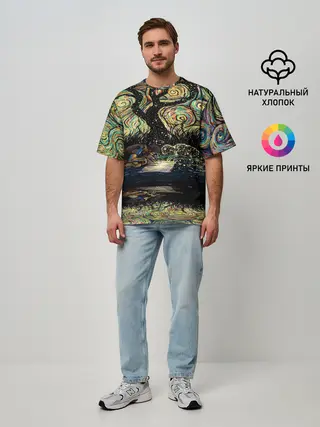 Мужская футболка оверсайз / НОЧЬ В ЛЕСУ