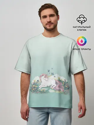 Мужская футболка оверсайз / единорог с бабочками