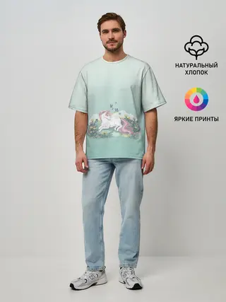 Мужская футболка оверсайз / единорог с бабочками