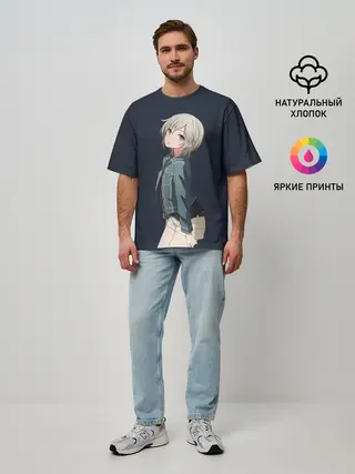 Мужская футболка оверсайз / Аниме Тян в джинсовке