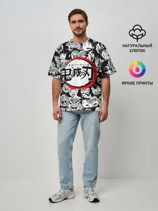 Мужская футболка оверсайз / DEMON SLAYER / ЛИЦА / УЗОР