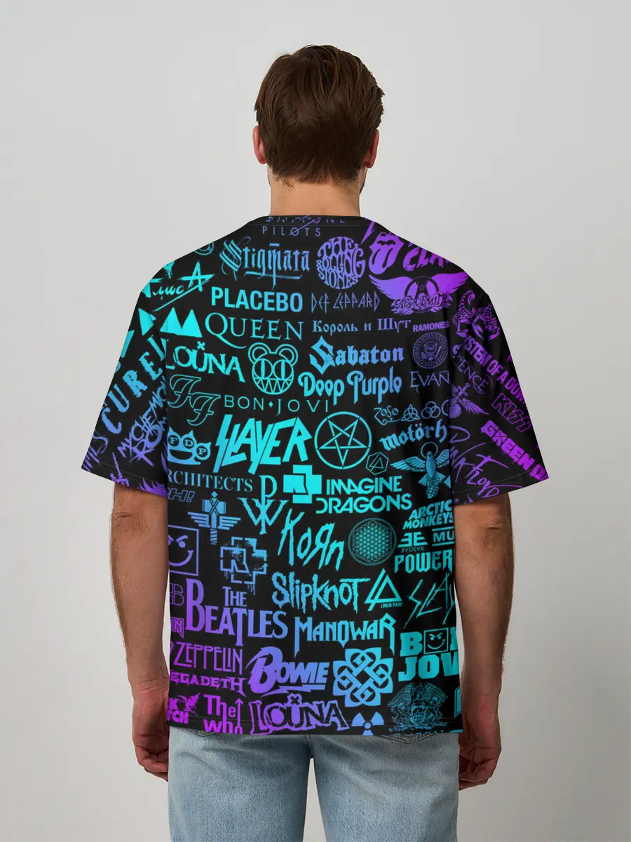 Мужская футболка оверсайз / ЛОГОТИПЫ РОК ГРУПП НЕОН