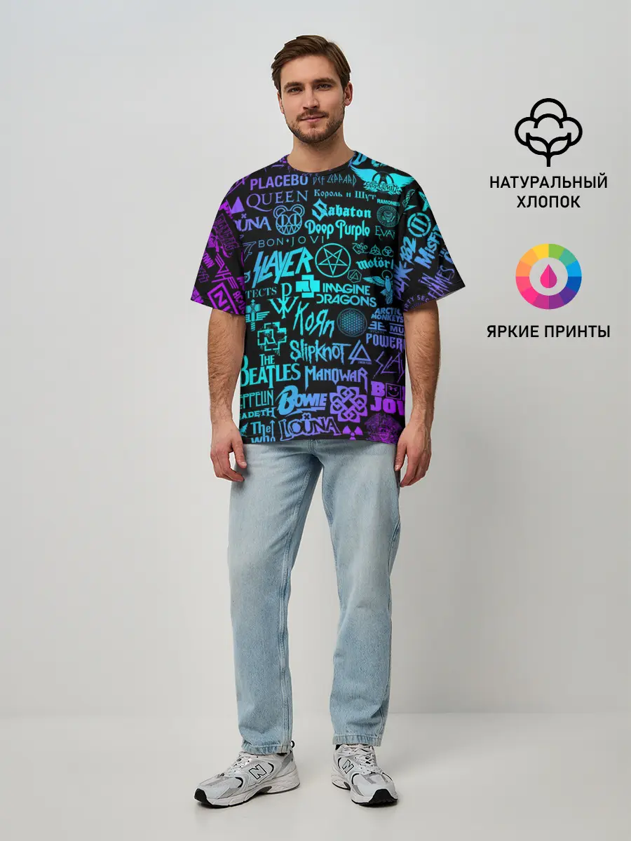 Мужская футболка оверсайз / ЛОГОТИПЫ РОК ГРУПП НЕОН
