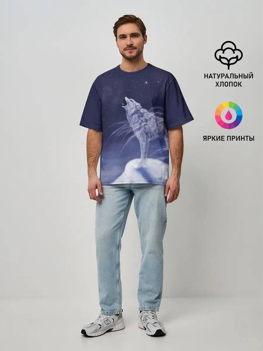 Мужская футболка оверсайз / WOLF WHITE