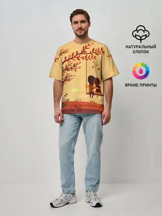 Мужская футболка оверсайз / Романтика. Пара на качелях