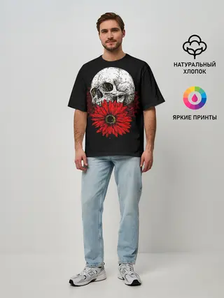 Мужская футболка оверсайз / Череп и Красный Цветок | Skull