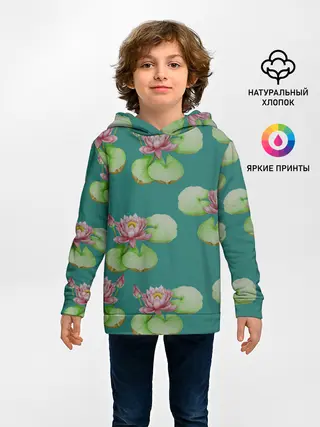 Детское худи / Лотосы на темно бирюзовом фоне