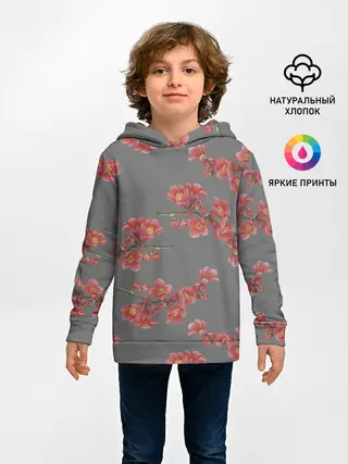 Детское худи / Цветы айвы на сером фоне