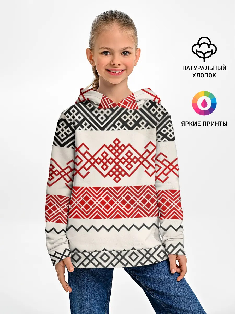 Детское худи / Славянский узор красно-черный