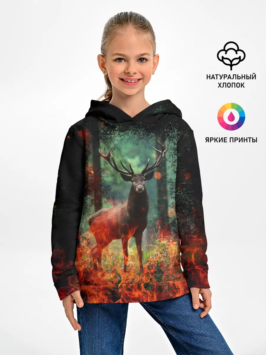 Детское худи / Олень в горящем лесу Сибири