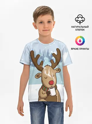 Детская базовая футболка / Олень с кружкой