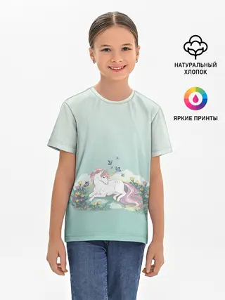 Детская базовая футболка / единорог с бабочками