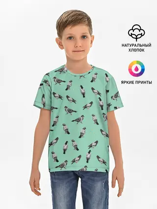 Детская базовая футболка / Голуби на зеленом