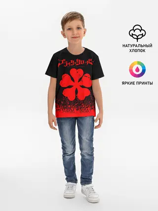 Детская базовая футболка / Красный логотип Черный клевер на черном