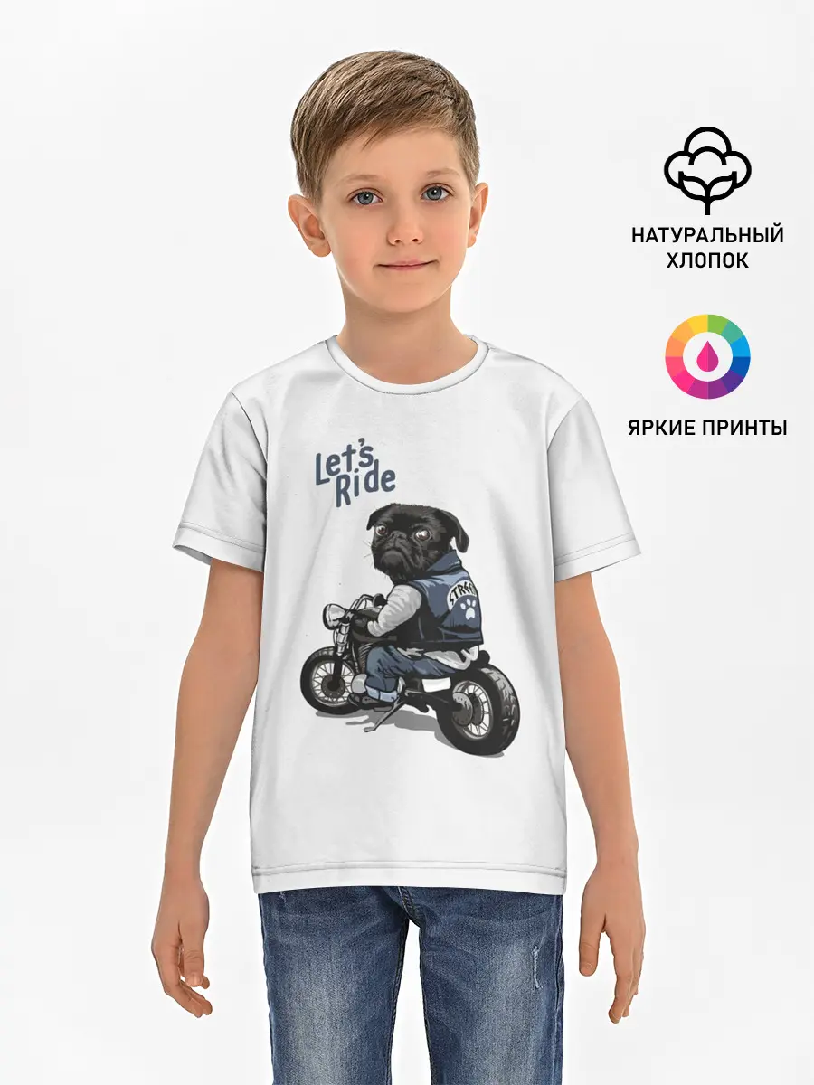 Детская базовая футболка / Pug Rider | Байкер Мопс