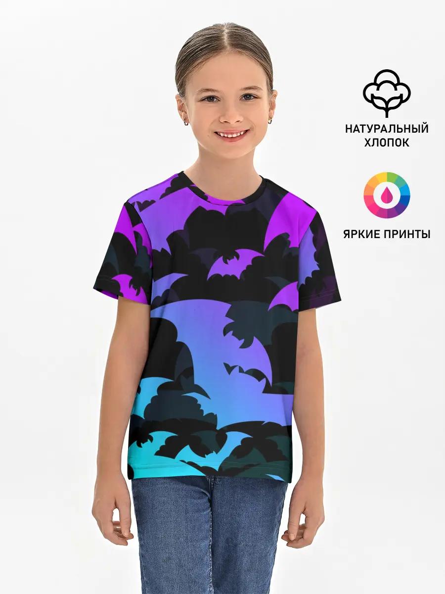 Детская базовая футболка / ЛЕТУЧИЕ МЫШИ ХЕЛЛОУИН НЕОН / HALLOWEEN NEON