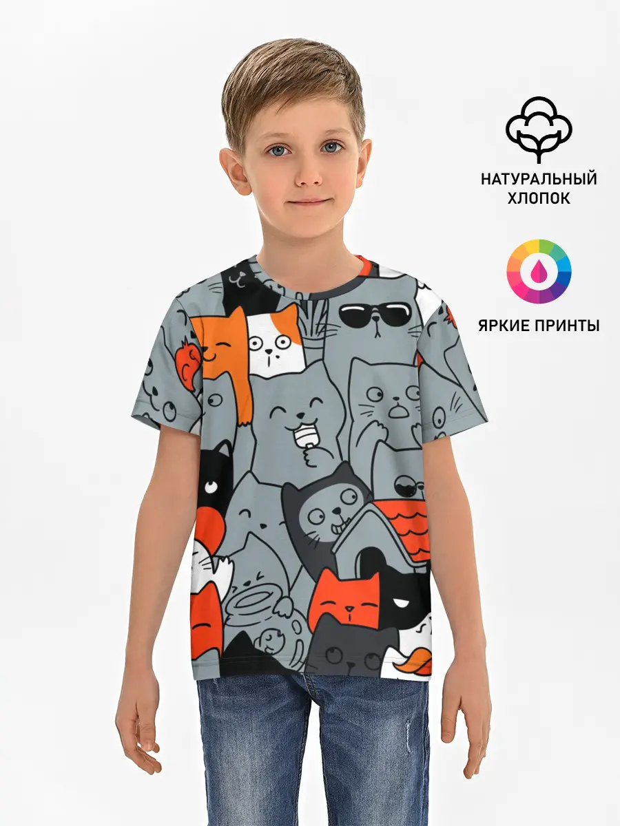 Детская базовая футболка / Разноцветные коты