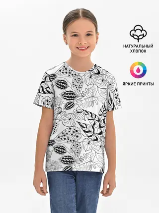 Детская базовая футболка / Черно-белый узор Тропики