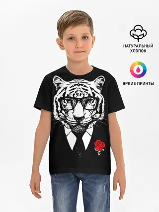 Детская базовая футболка / Тигр с красной розой