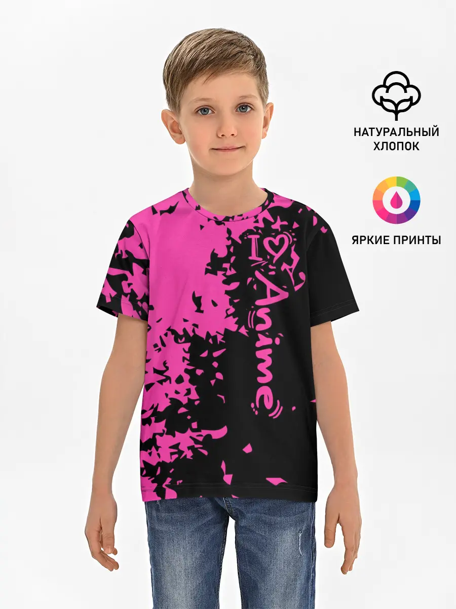 Детская базовая футболка / Love anime розовые кляксы на черном