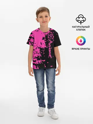 Детская базовая футболка / Love anime розовые кляксы на черном