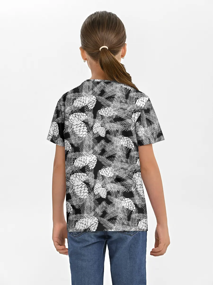 Детская базовая футболка / Черно-белый узор шишки