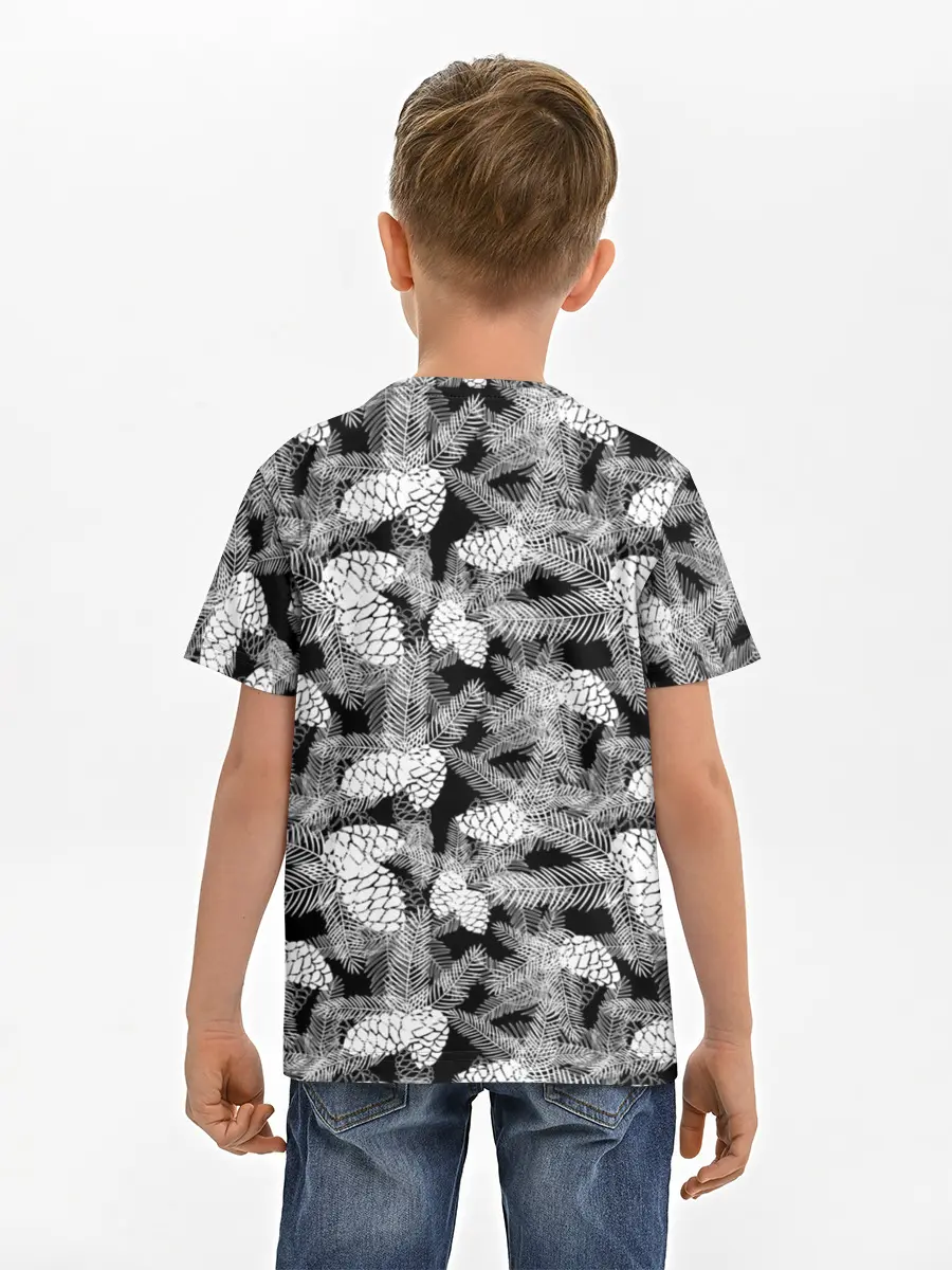 Детская базовая футболка / Черно-белый узор шишки