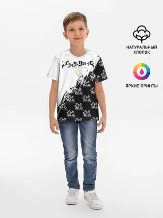 Детская базовая футболка / Чёрный клевер черно-белый разрыв
