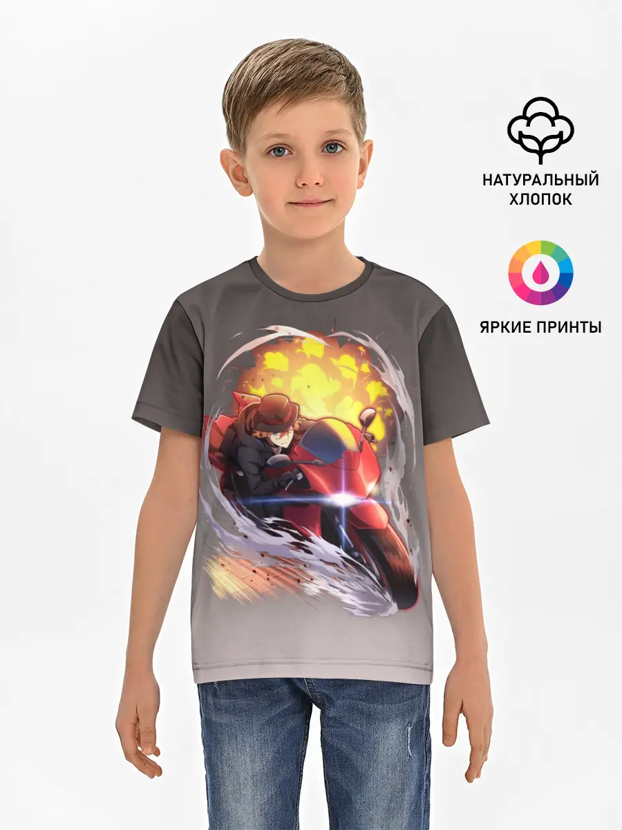 Детская базовая футболка / Чуя Накахара на мотоцикле взрыв