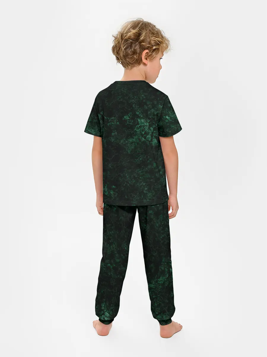 Детская пижама с брюками / Темно-зеленый мраморный узор