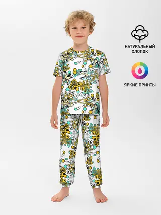 Детская пижама с брюками / Бирюзово-желтый узор