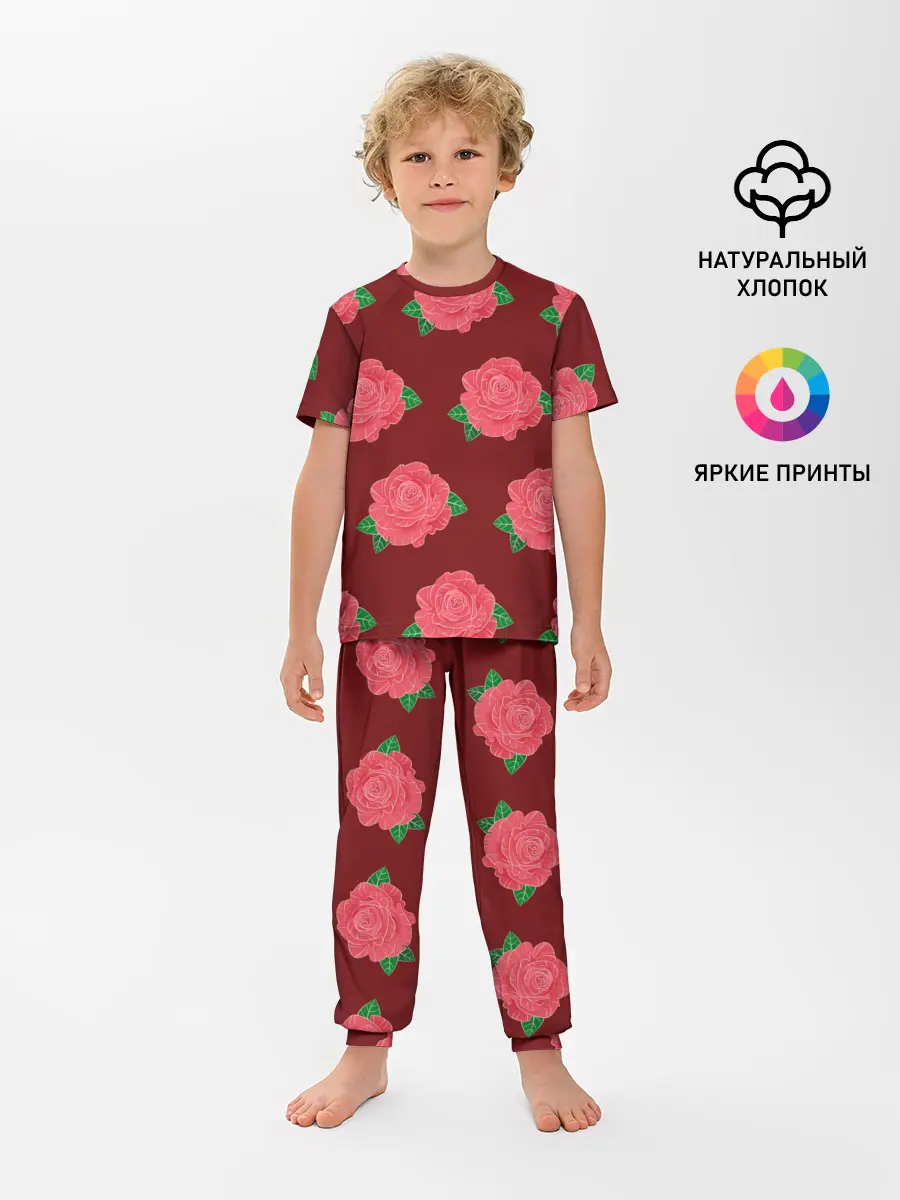 Детская пижама с брюками / Розы на красном