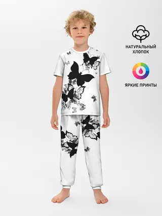 Детская пижама с брюками / Черные бабочки на белом