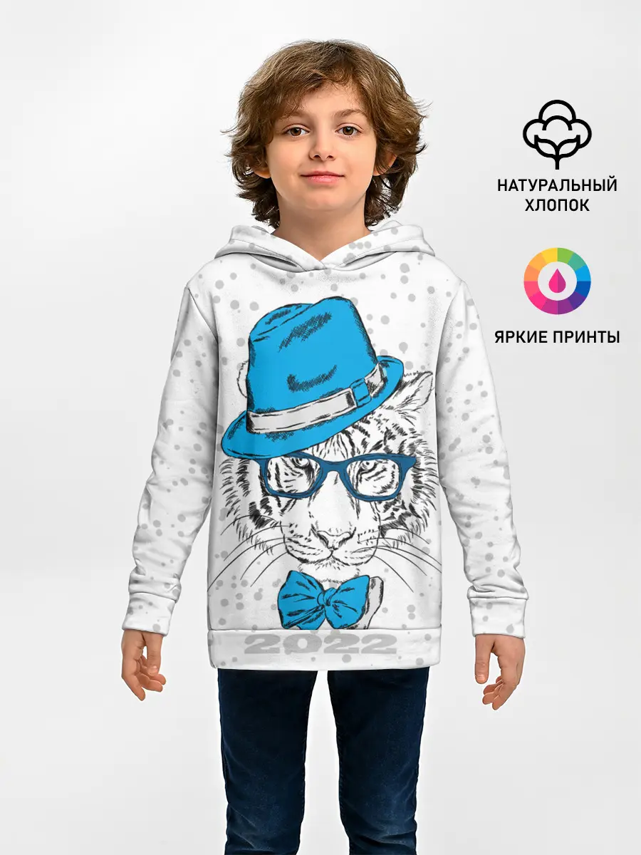 Детское худи / Белый тигр в синей шляпе