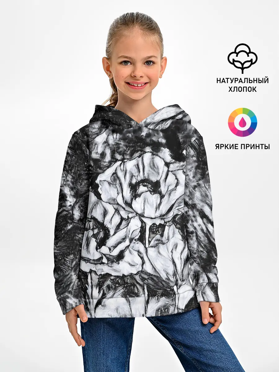 Детское худи / Черно-белый узор. Маки.
