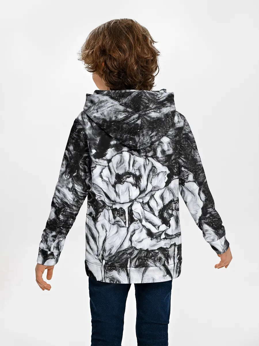 Детское худи / Черно-белый узор. Маки.