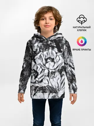 Детское худи / Черно-белый узор. Маки.