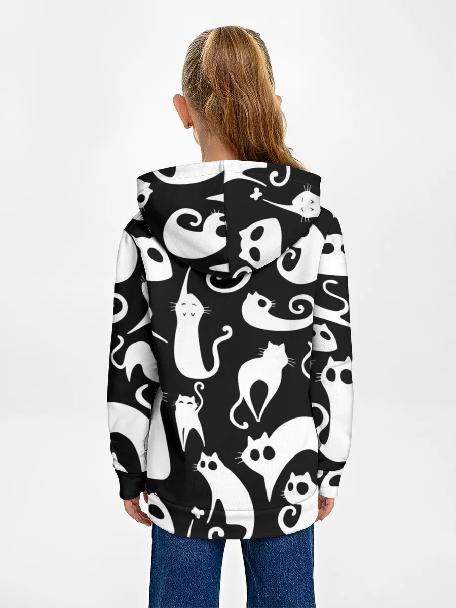 Детское худи / Белые коты на черном фоне