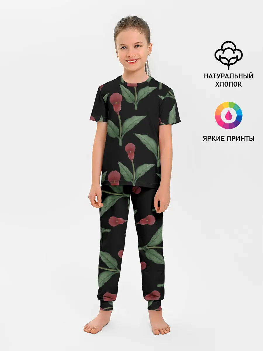 Детская пижама с брюками / Красные каллы на черном