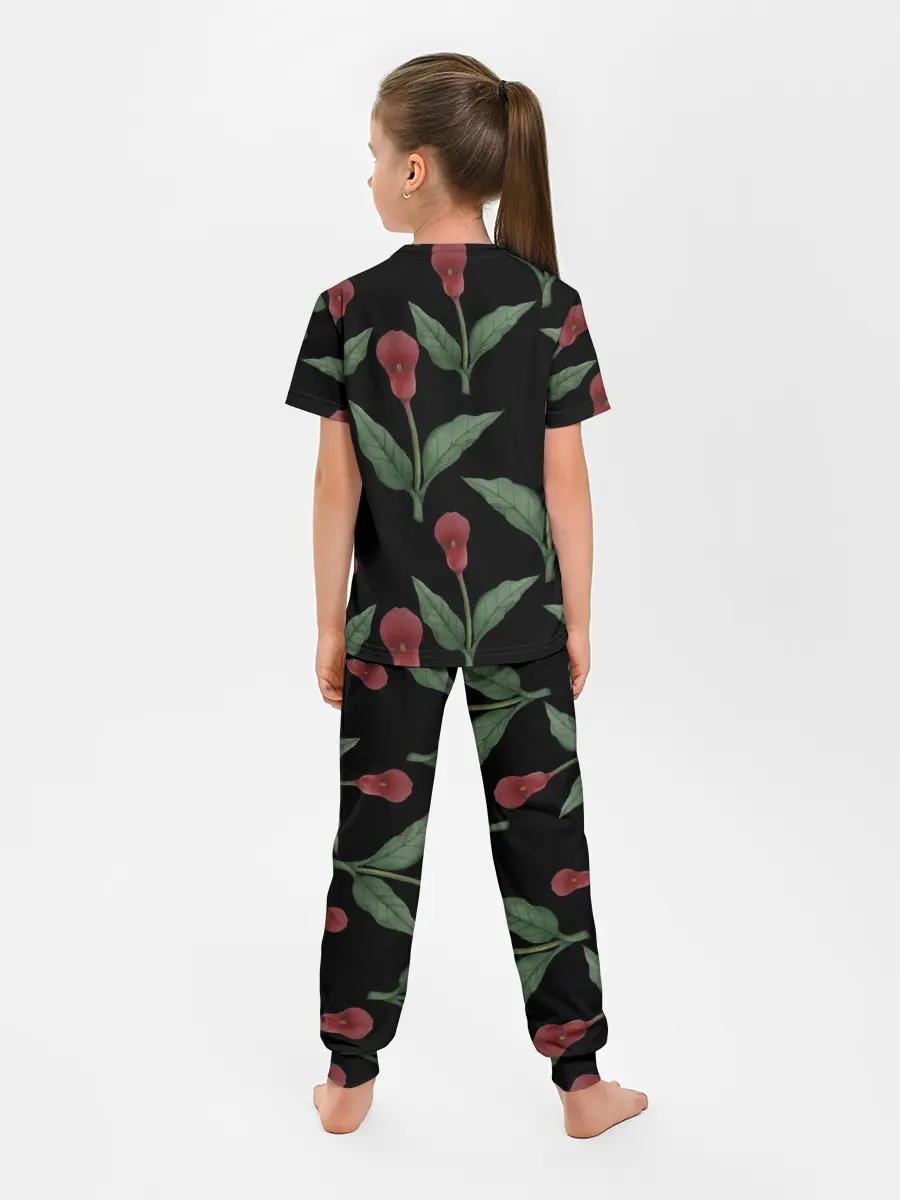 Детская пижама с брюками / Красные каллы на черном