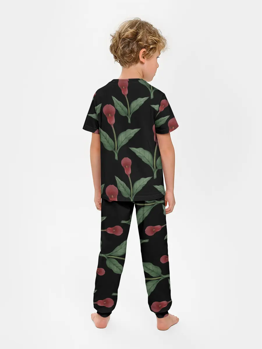 Детская пижама с брюками / Красные каллы на черном