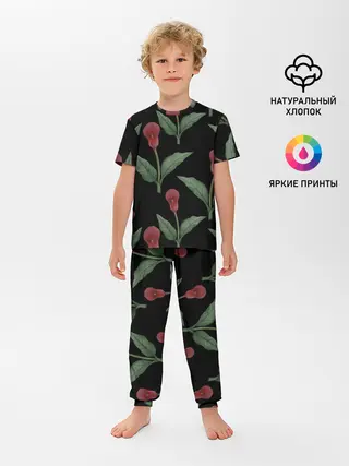 Детская пижама с брюками / Красные каллы на черном