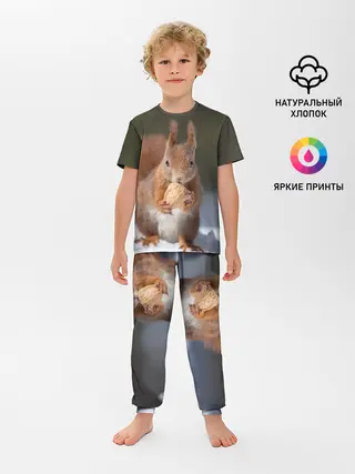 Детская пижама с брюками / белка с орехом на снегу